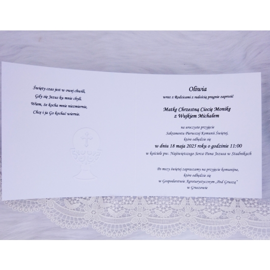 Zaproszenie dla Matki Chrzestnej Ojca Chrzestnego Babci i Dziadka na Komunię ręcznie robione w pudełku